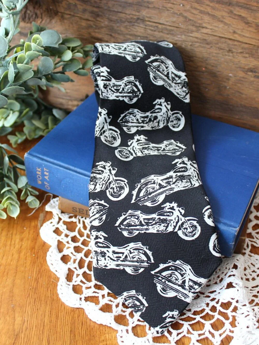 Vintage Beverly Hills Polo Club Motorcycle Tie Black White Novelty Biker, Mens